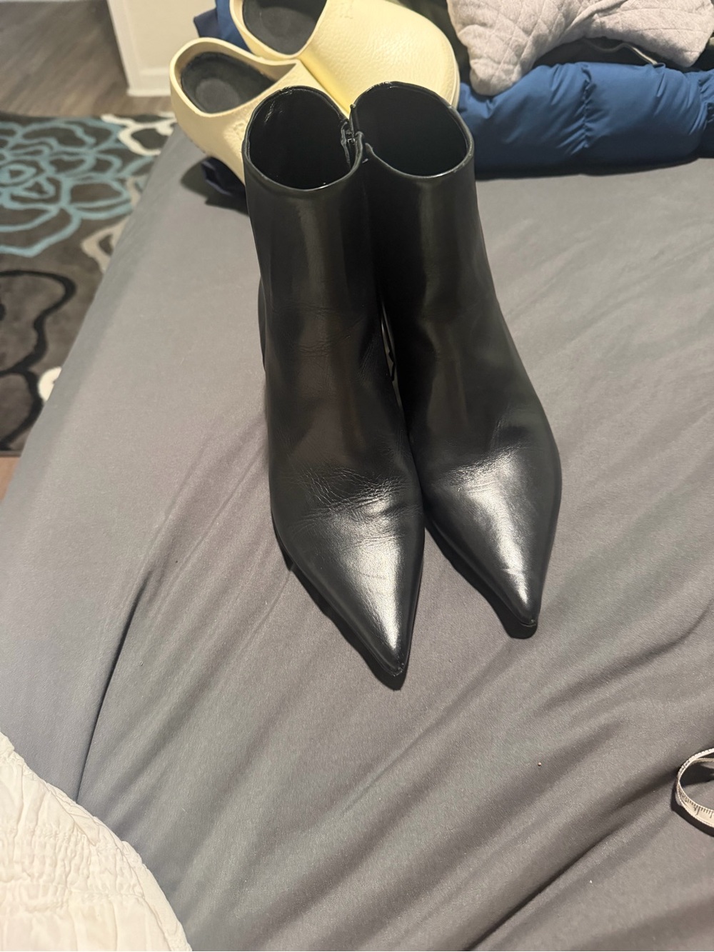 Women's Black Pointed Leather Ankle Booties with Side Zip